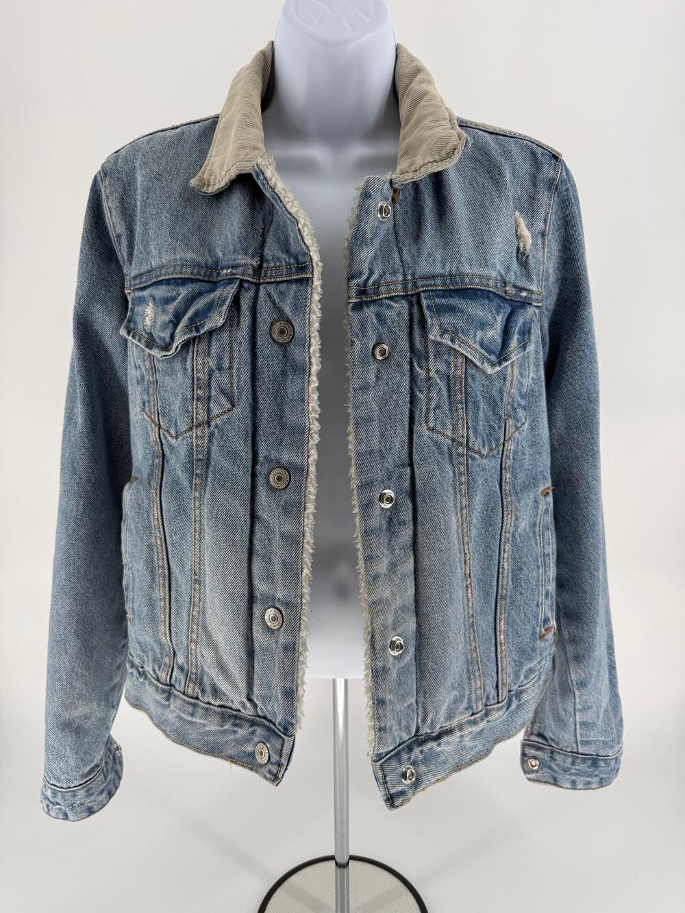 Abercrombie Fitch Sherpa Denim Jacket S Distressed Corduroy Collar Trucker